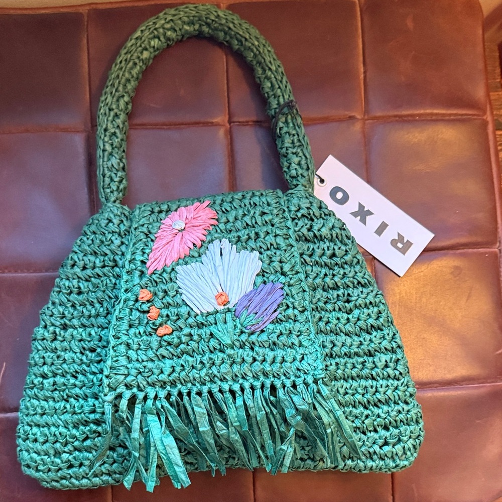 Handcrafted RIXO Green raffia shoulder bag - purse w/ Floral embroidery NWT
